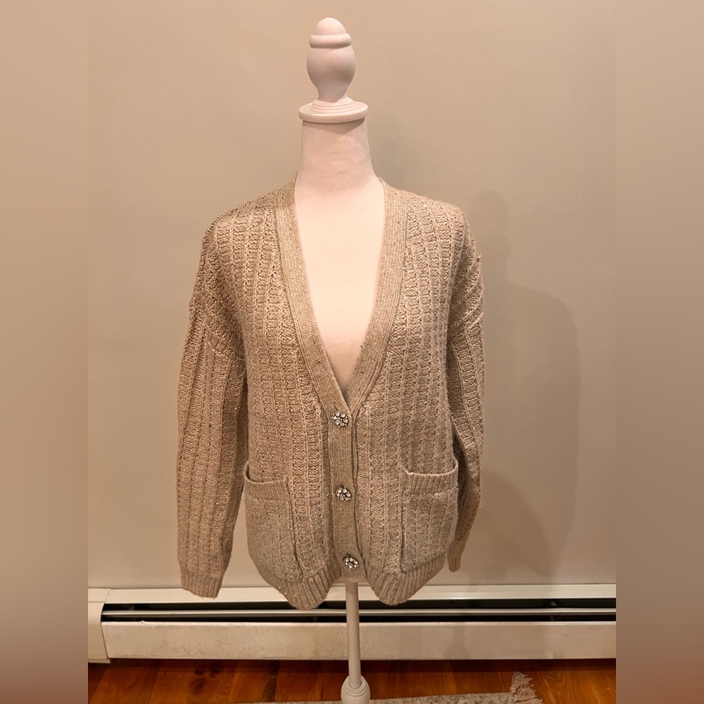 Sparkle Button Sequin V-Neck Pocket Cardigan | M | Beige